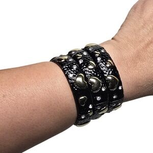 Set of 3 Heart Stretch Bracelets Black Silver Gold Hammered Rhinestone Statement